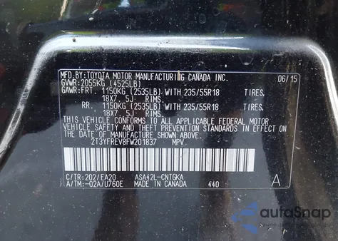 2015 Toyota Rav4 Limited z USA, uszkodzony, nr VIN 2T3YFREV8FW201837